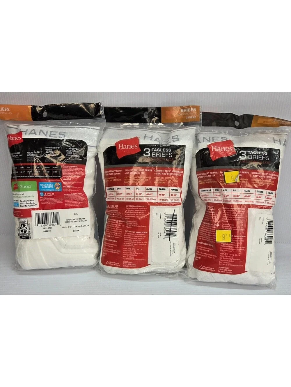 Hanes Men's 2XL White Tagless Briefs 9 Pair 3 Packs 2252X2 44-46 NIP